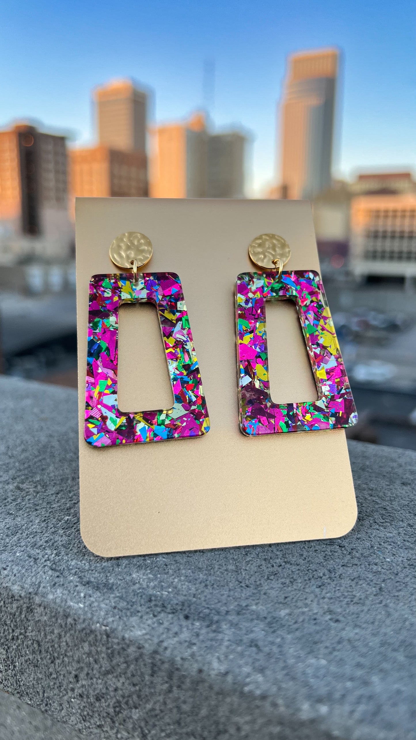 Magenta confetti geometric earrings on gold post by MECHEE
