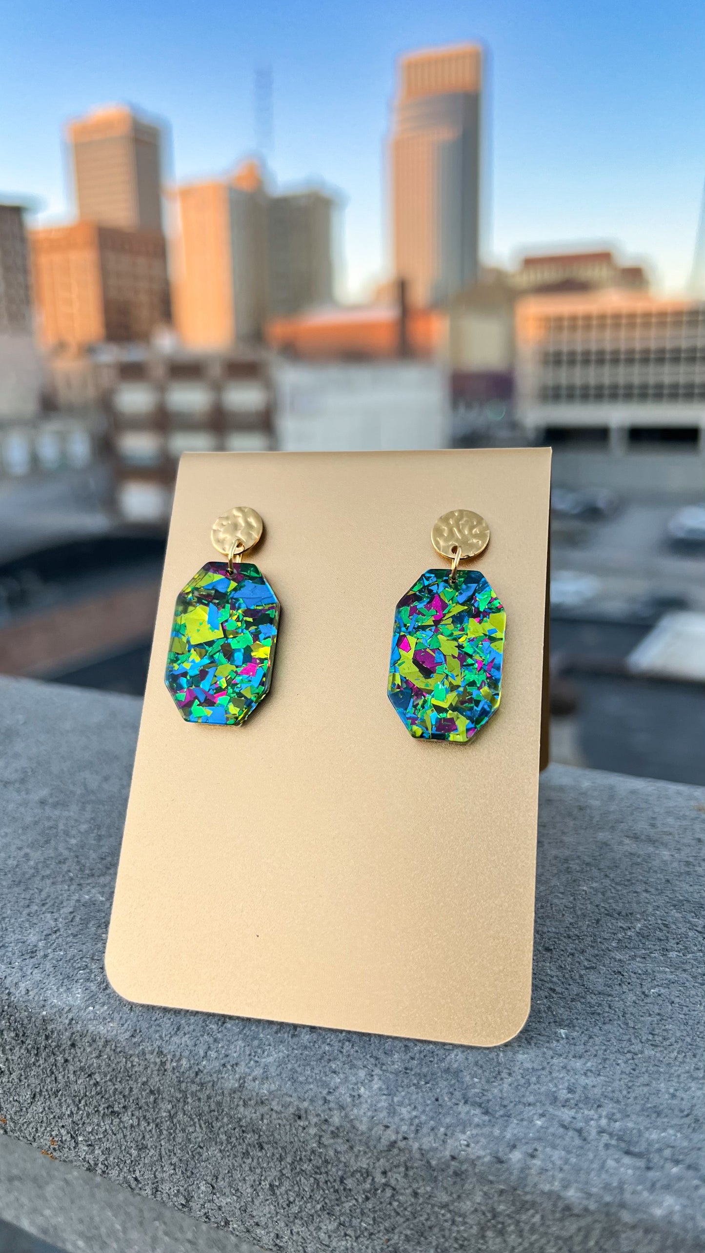 Confetti Geometric Earrings in green on gold post