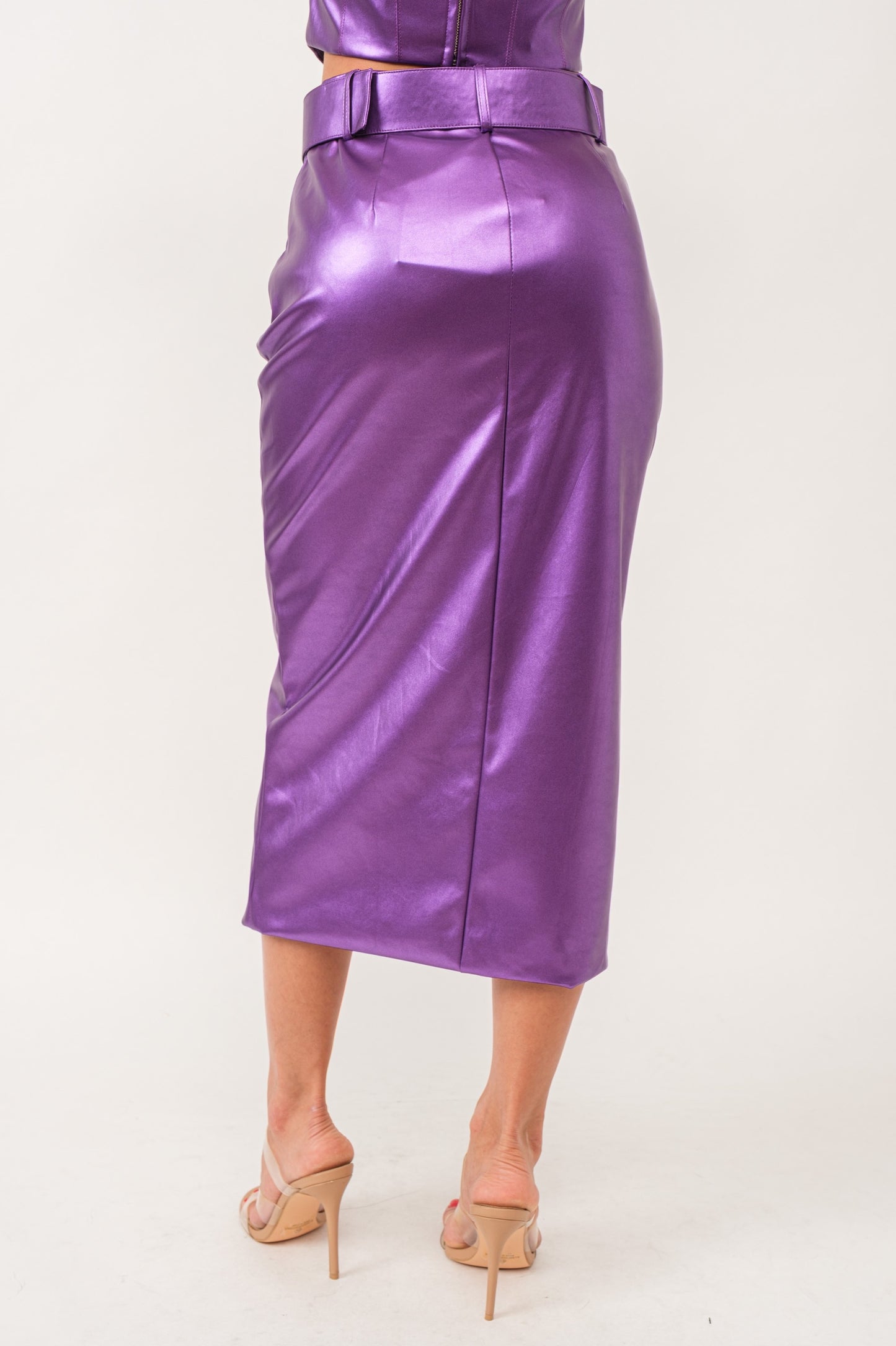 Metallic Midi Skirt with Belt