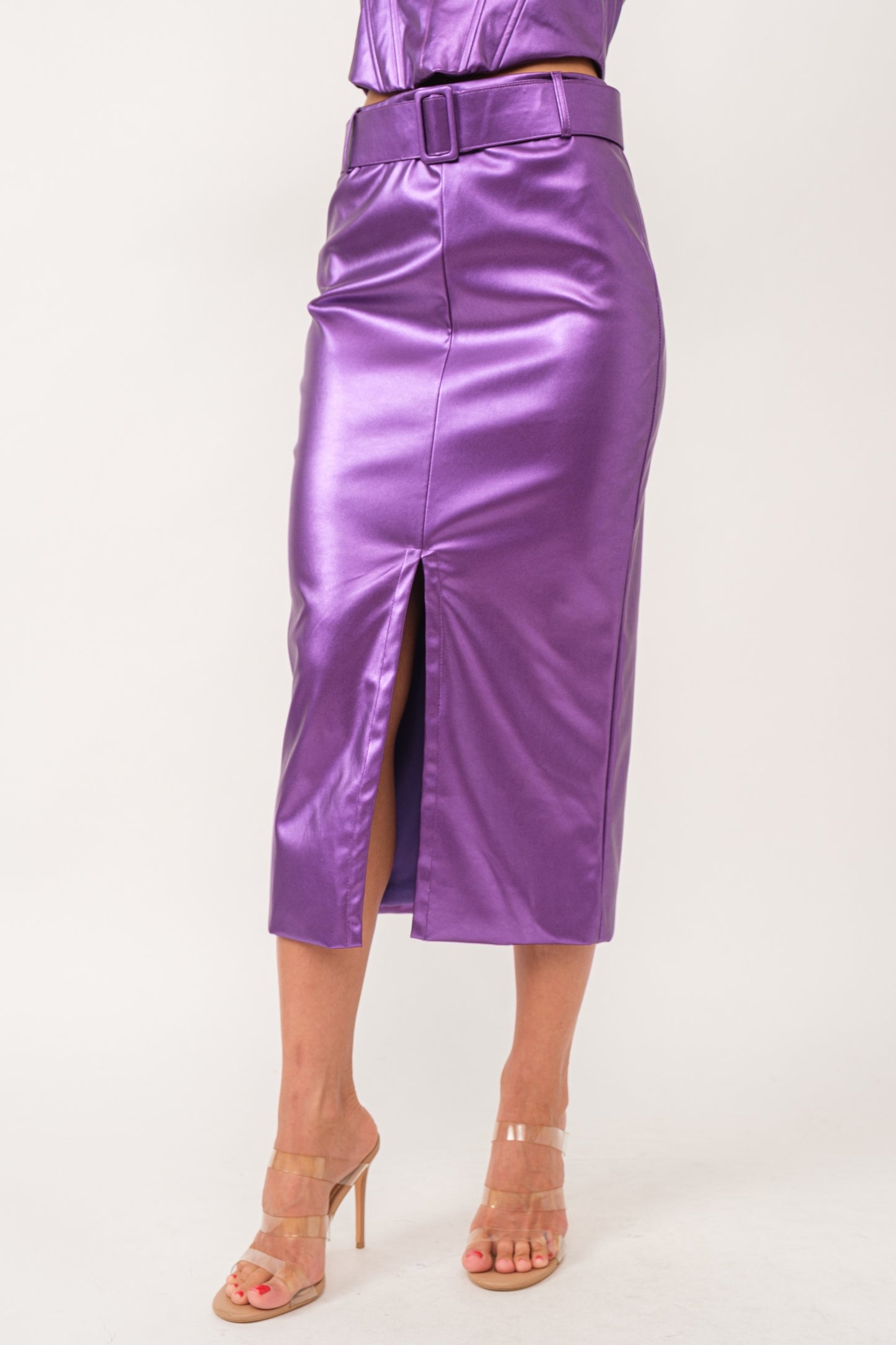 Metallic Midi Skirt with Belt