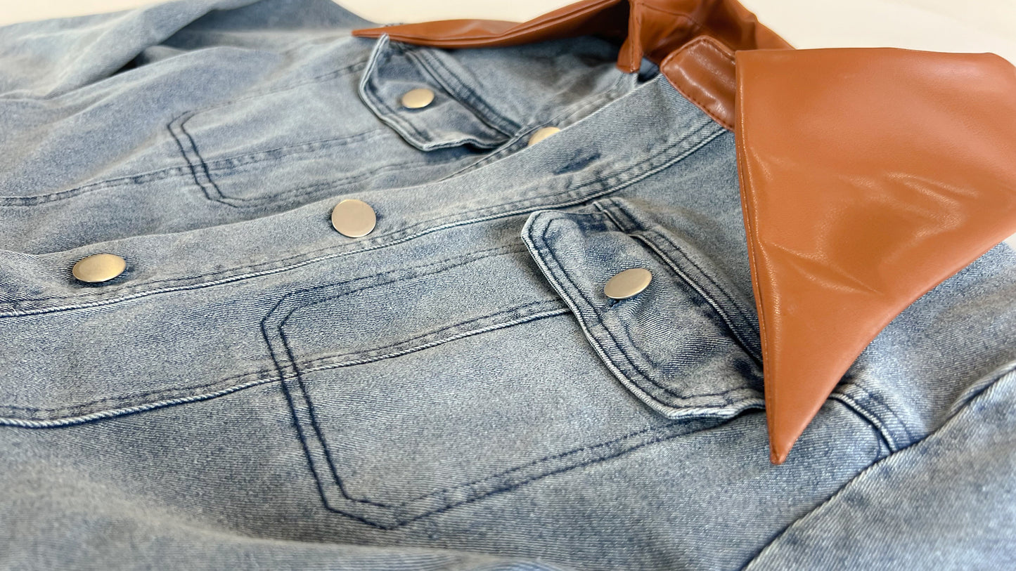 Jean midi dress with brown leather collar pockets and buttons