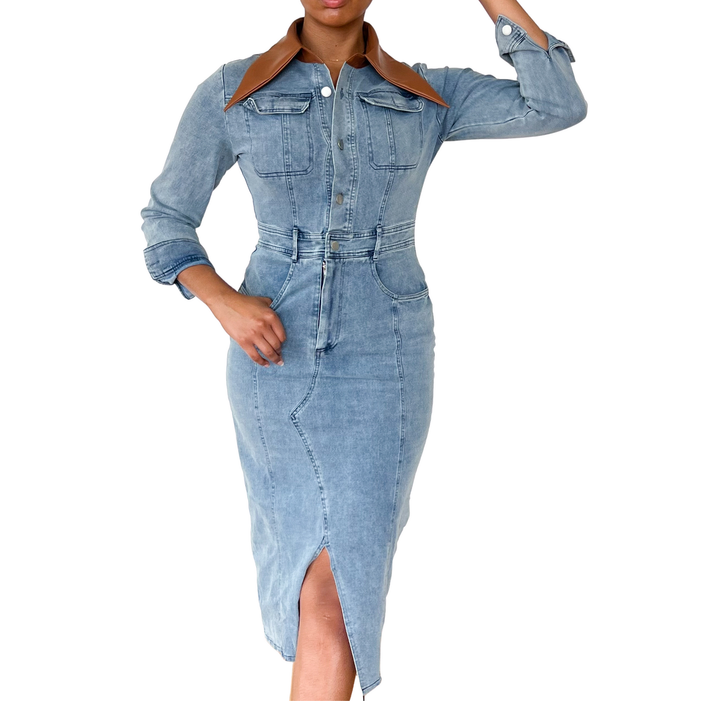 Jean midi dress with wide leather collar and front slit