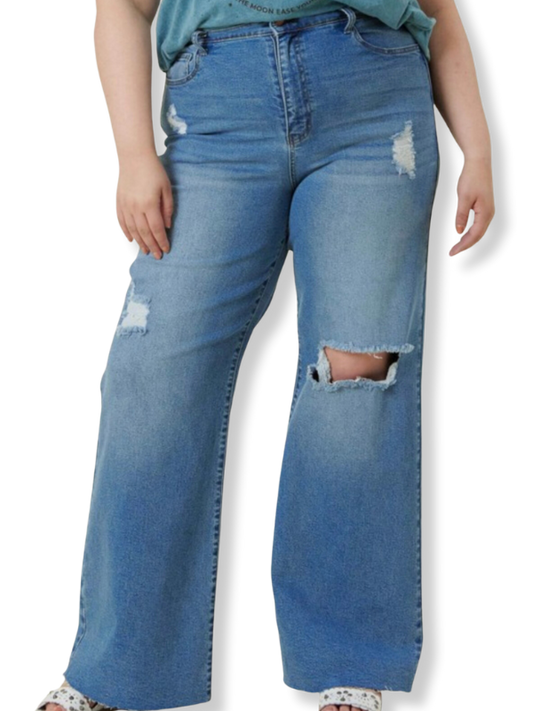 High Waisted Ripped Wide Leg Jean in Curvy