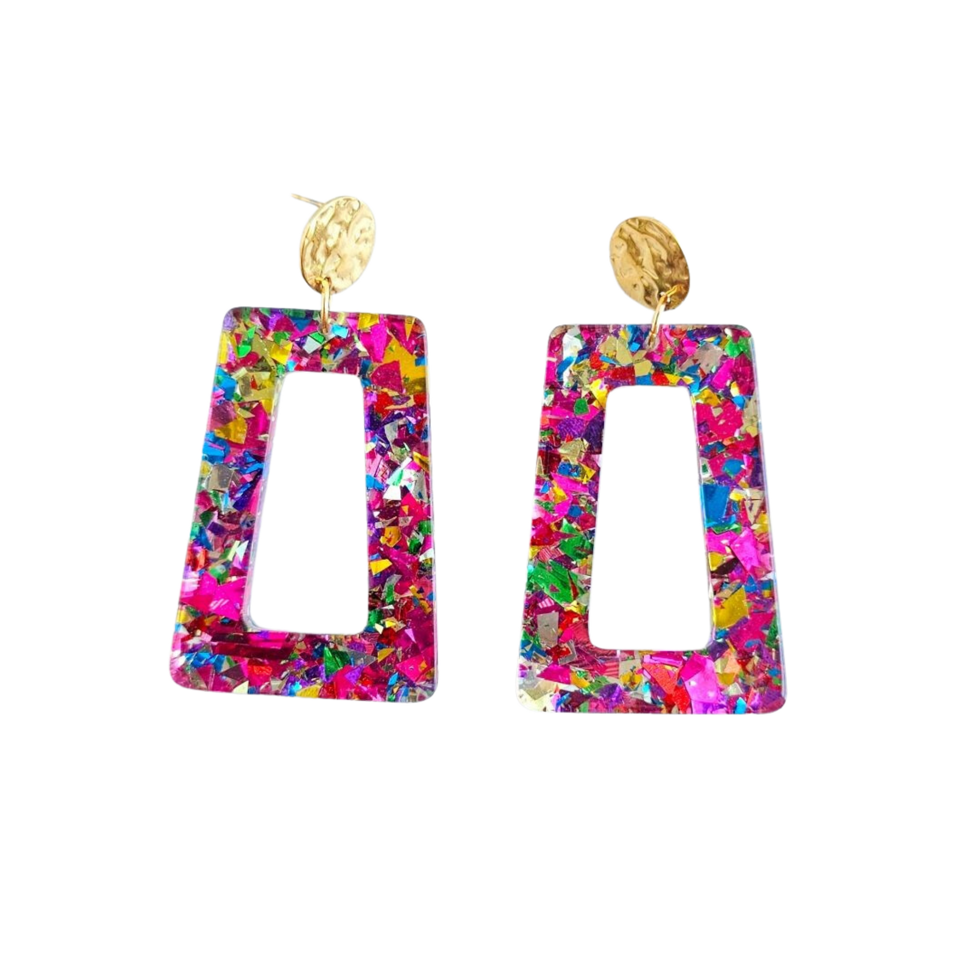 Magenta confetti geometric earrings on gold post by MECHEE