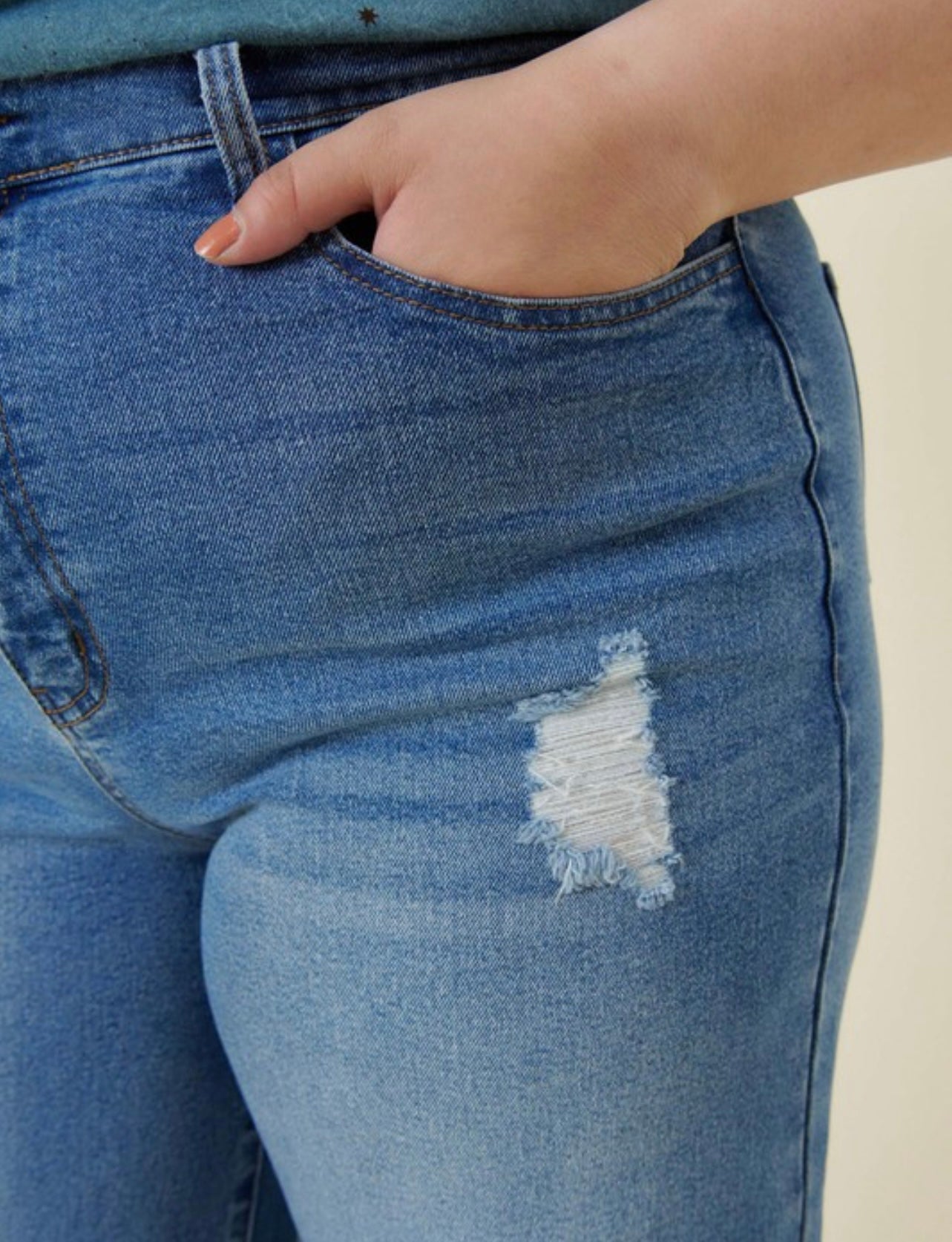 pocket view of High Waisted Ripped Wide Leg Jean in Curvy