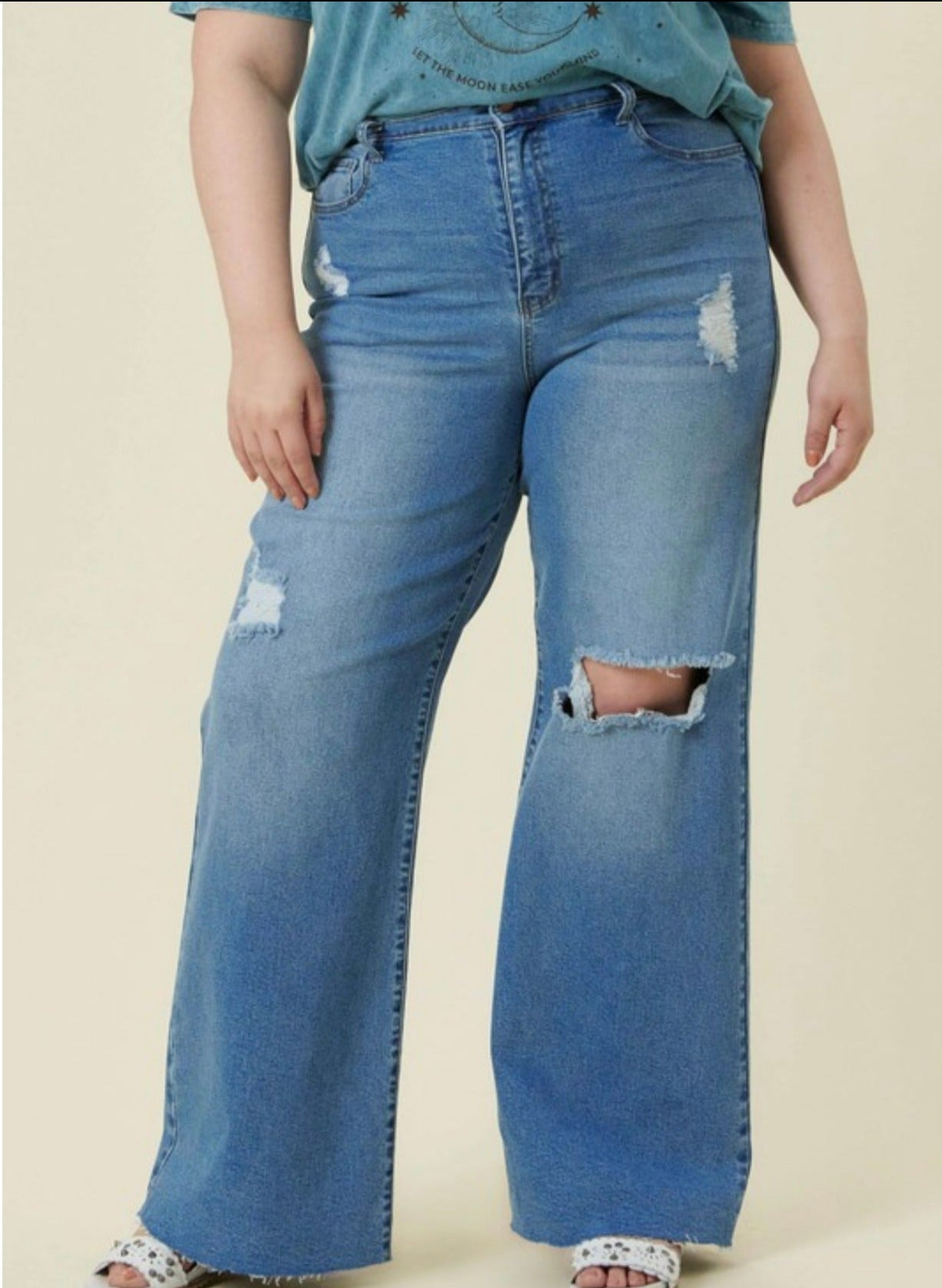 High Waisted Ripped Wide Leg Jean in Curvy