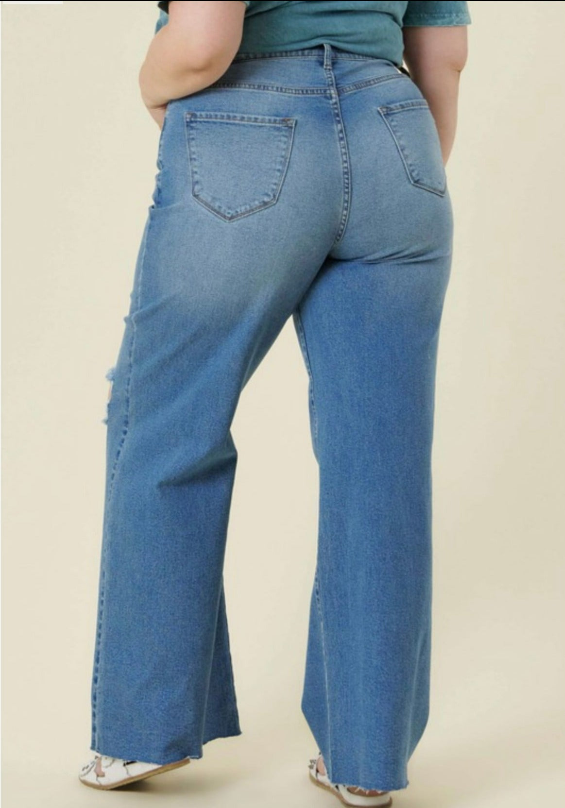 Rear view of High Waisted Ripped Wide Leg Jean in Curvy